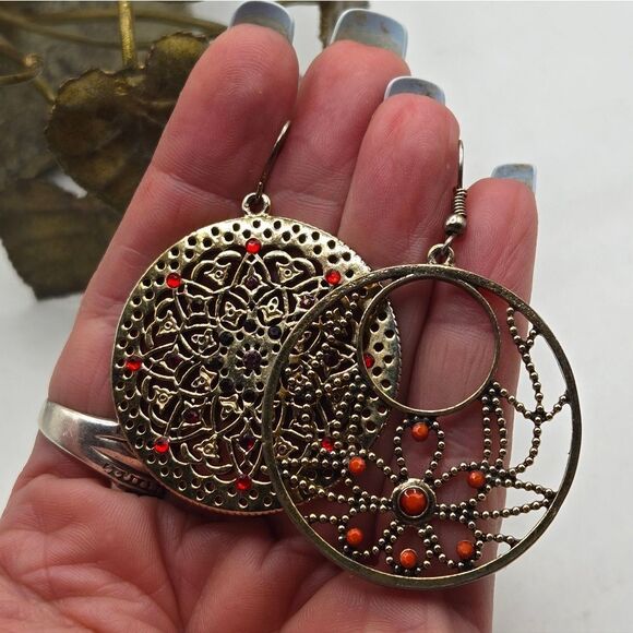 "5/$25" Mismatched Gold/ Red Madala Circle Disc Dangle Earrings - Picture 3 of 6